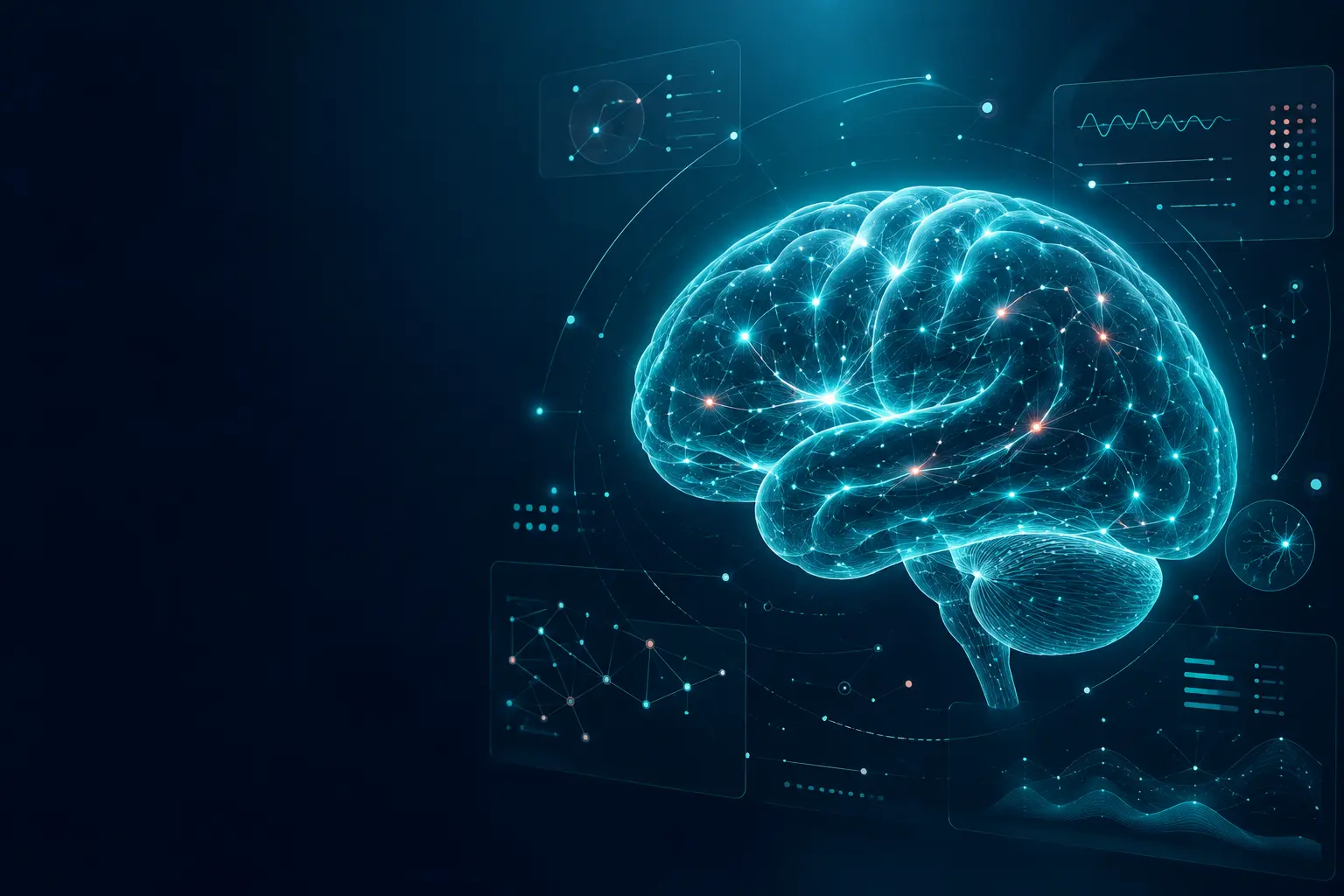 A futuristic educational visualization of a brain and neural connections