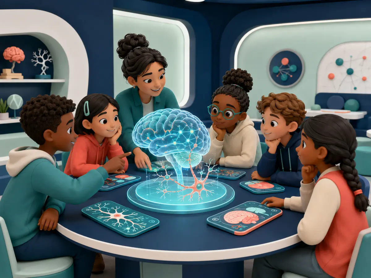 Illustration of young learners exploring a futuristic brain-science model together